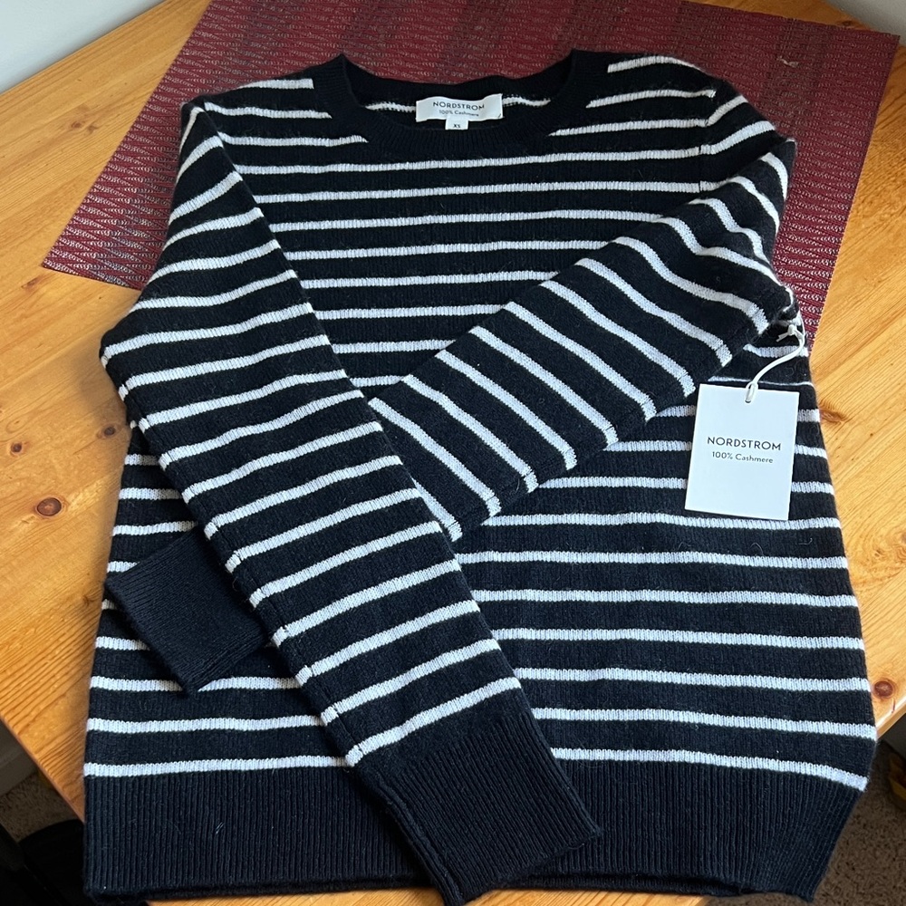 Nordstrom Classic Black and White Cashmere Striped Sweater